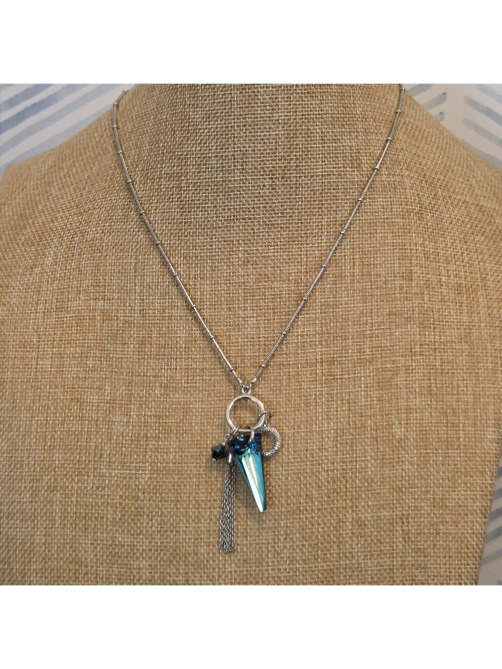 Touchstone Crystal by Swarovski Blue & Silver Tassel 20" Necklace